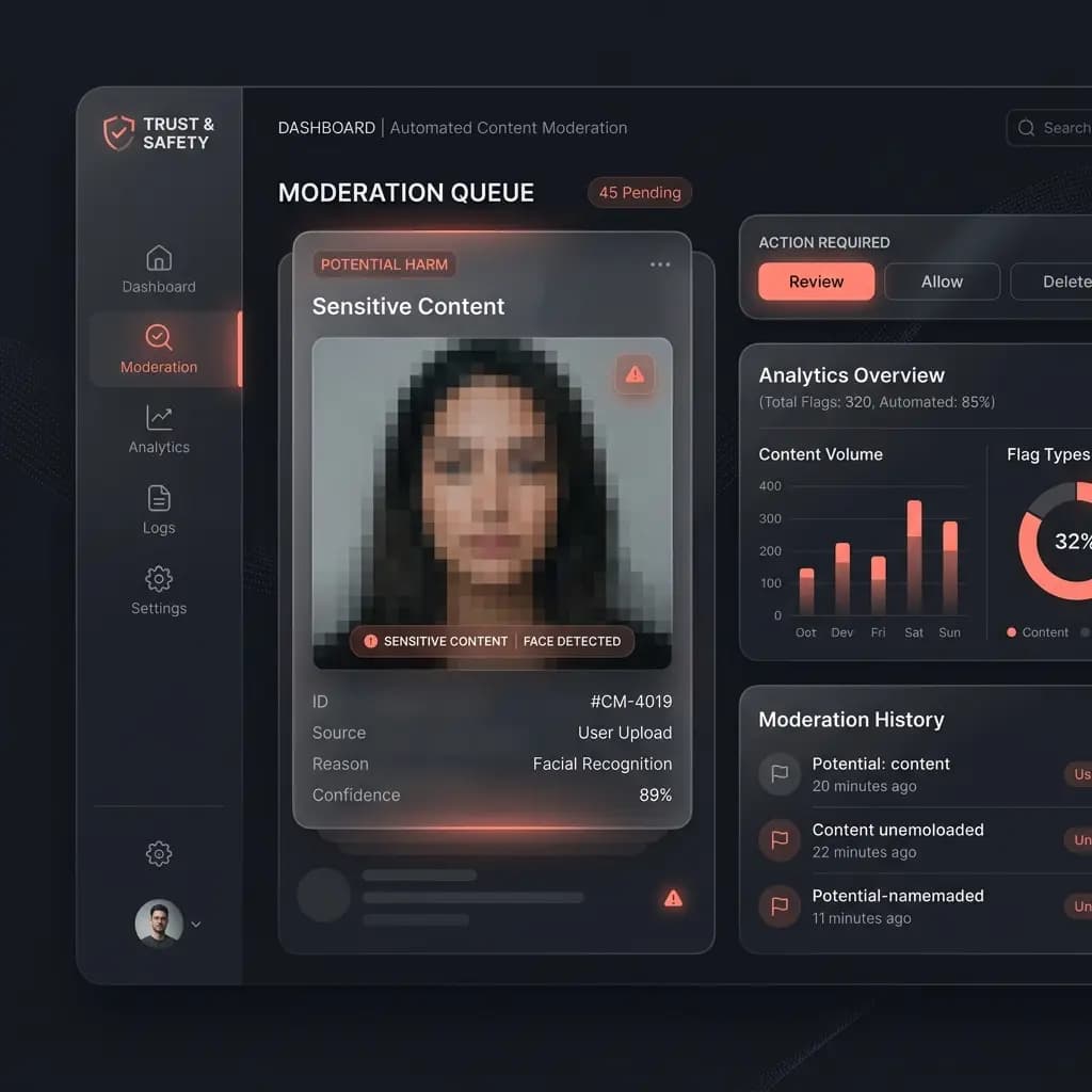 Analista de confianza y seguridad ejecutando comprobaciones automatizadas de rostros